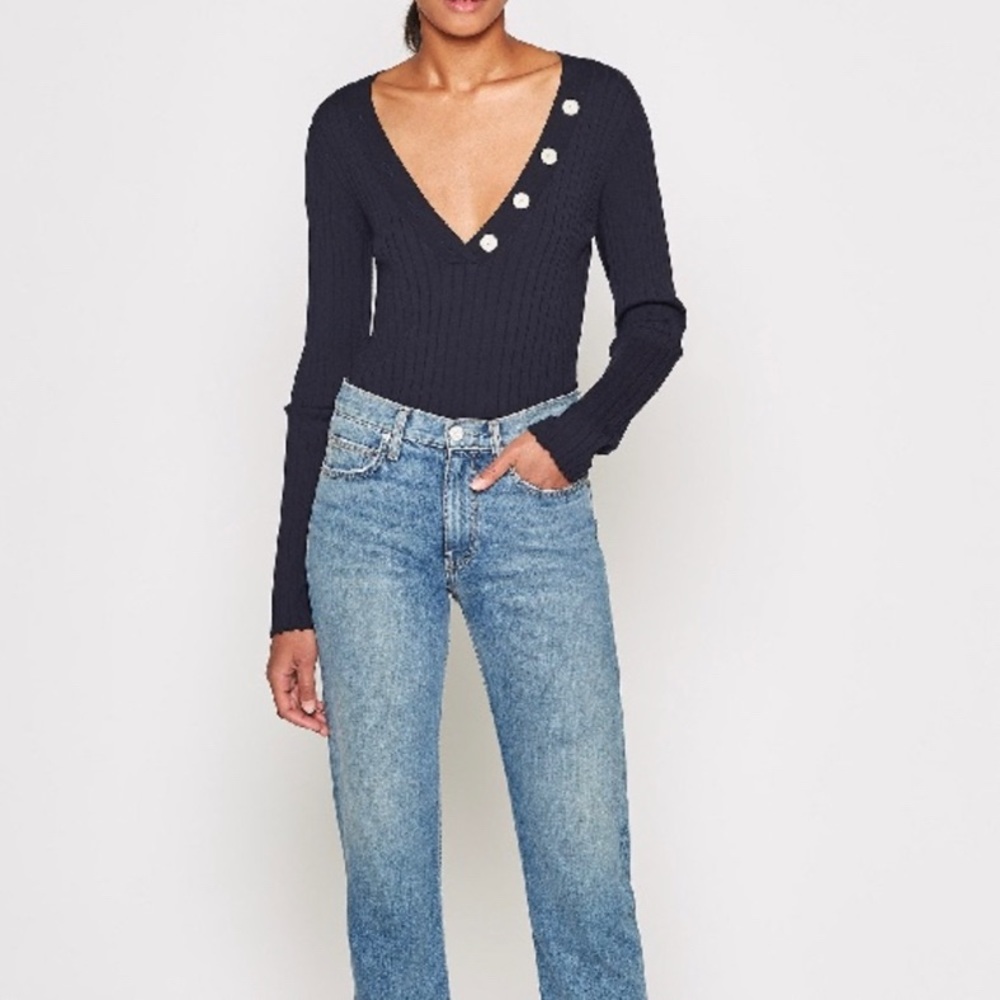 Joie Anastasia V-Neck Ribbed Sweater Midnight Navy